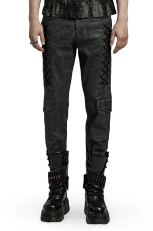 Gothic distressed cargo pants front view on male model with side lace-up details and skull button closure, studio shot