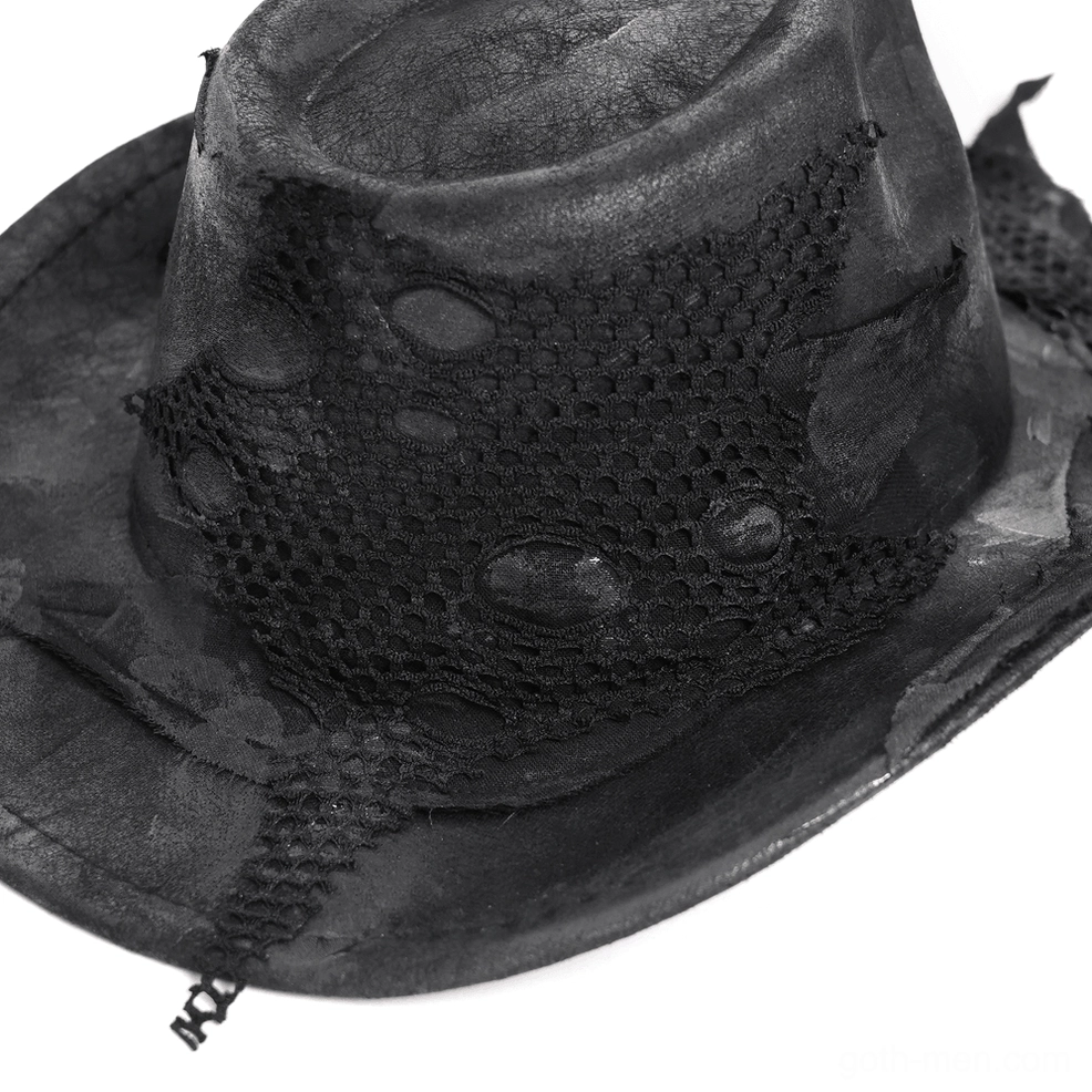 Gothic distressed cowboy hat angled view displaying fishnet patches and intentional faded black finish