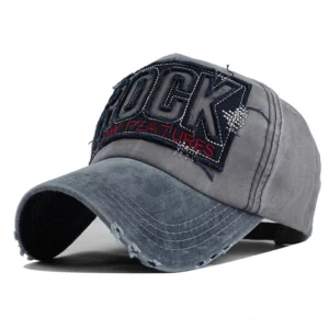 Distressed black denim gothic baseball cap front view with ROCK SHOW FEATURES embroidery and frayed brim details