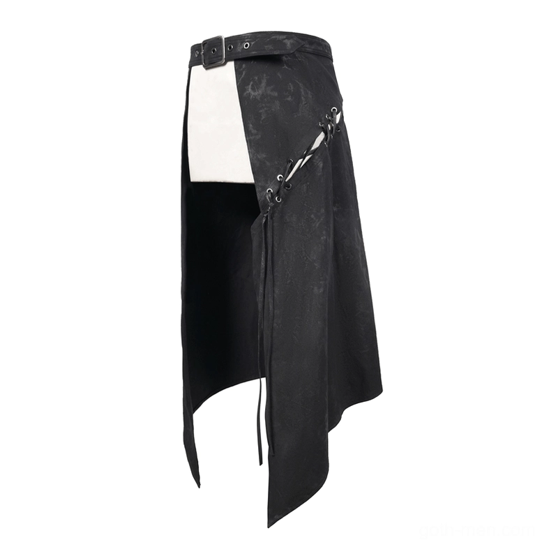 Right side perspective of black gothic kilt with distressed texture and crisscross lace-up fastening system