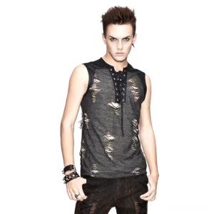 Gothic distressed lace-up tank top front view featuring crisscross neckline lacing and irregular ripped holes on dark gray fabric