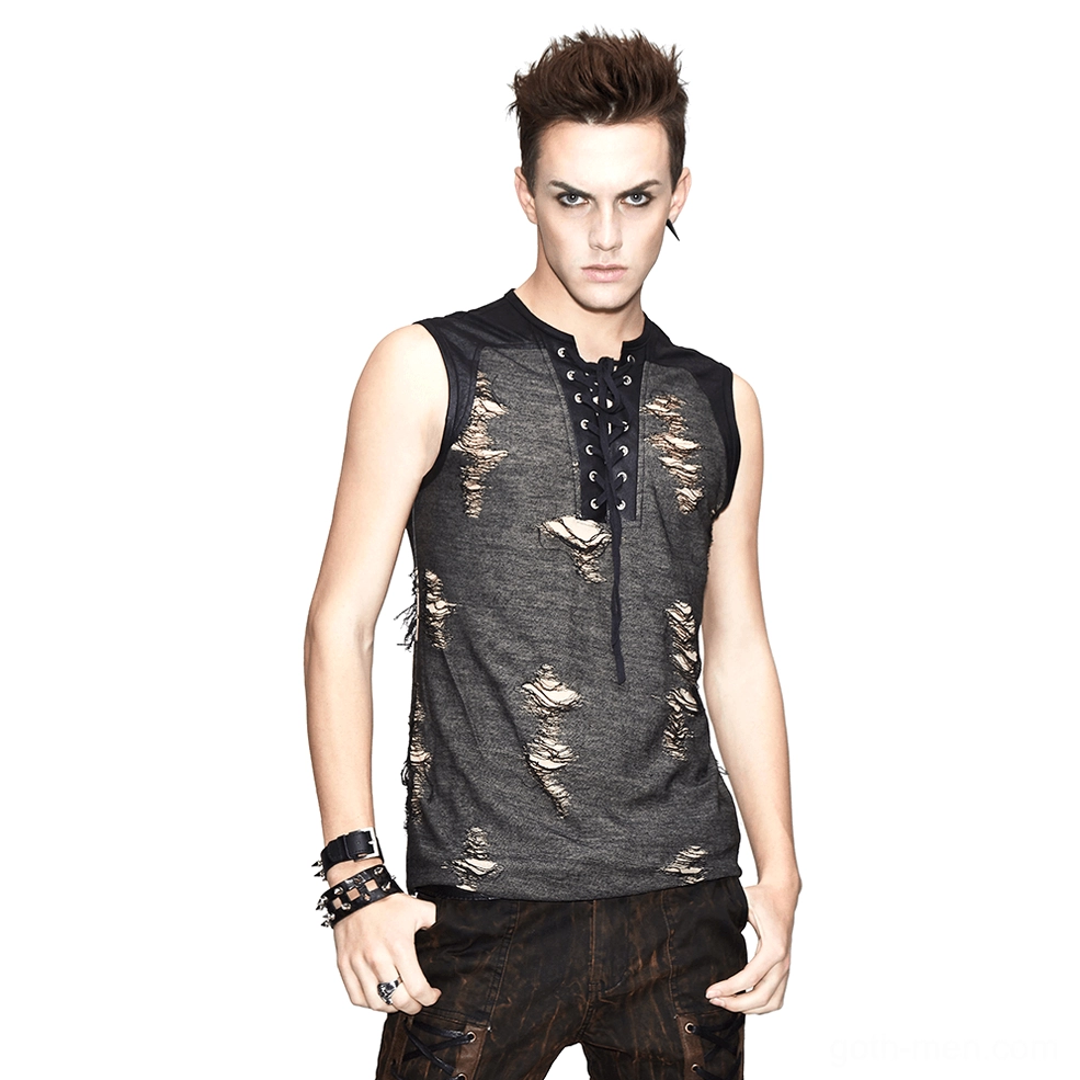 Gothic distressed lace-up tank top front view featuring crisscross neckline lacing and irregular ripped holes on dark gray fabric