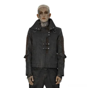 Asymmetric distressed gothic leather jacket front view on male model with high collar and brown accent sleeve panels