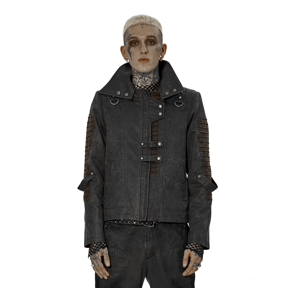 Asymmetric distressed gothic leather jacket front view on male model with high collar and brown accent sleeve panels