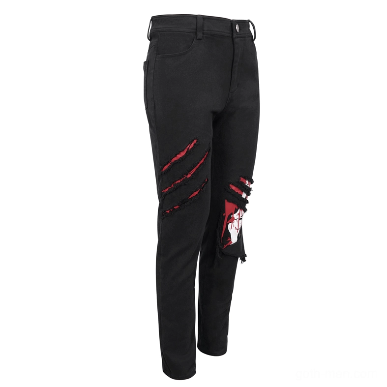 Black gothic distressed pants right side flat lay view displaying ripped leg decoration details