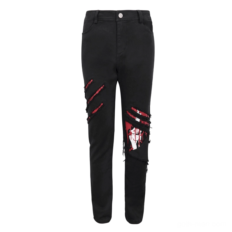 Black gothic distressed ripped trousers flat lay front view with red graphic print detail visible through tears
