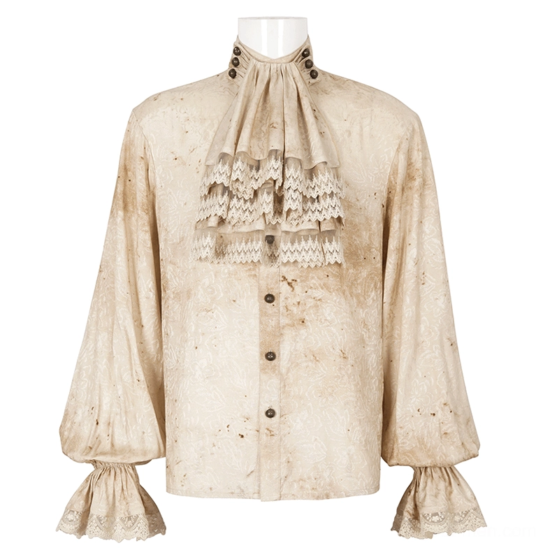 Front three-quarter view of gothic distressed lantern sleeve shirt on mannequin with layered ruffled lace necktie and button placket detail