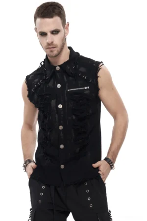 Men's gothic distressed sleeveless shirt front three-quarter view showing metal button placket and ripped frayed details on black woven fabric