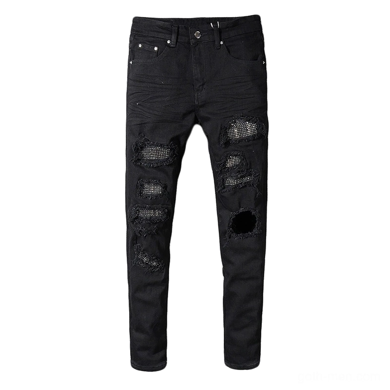 Men's black gothic slim fit ripped jeans with rhinestone embellishments front view flat lay