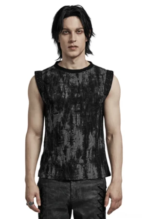 Distressed eyelet shoulder gothic tank top for men - front full body view on model