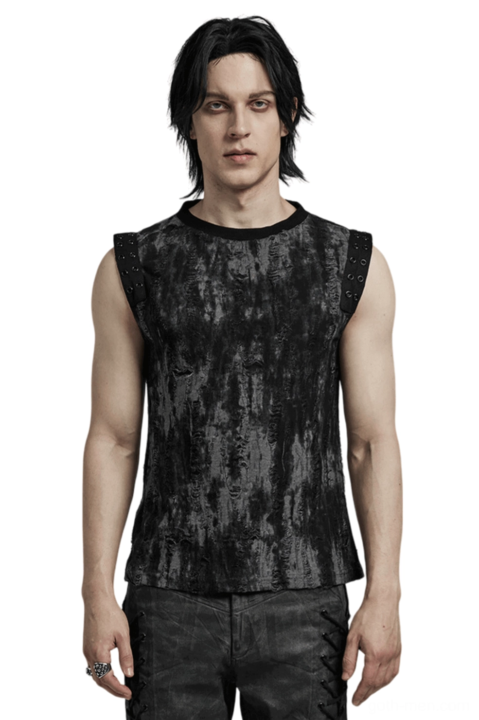 Distressed eyelet shoulder gothic tank top for men - front full body view on model