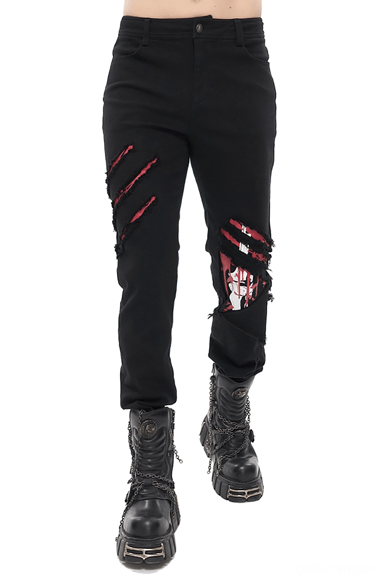 Gothic distressed ripped trousers product shot displaying fitted cut and strategic tear pattern placement