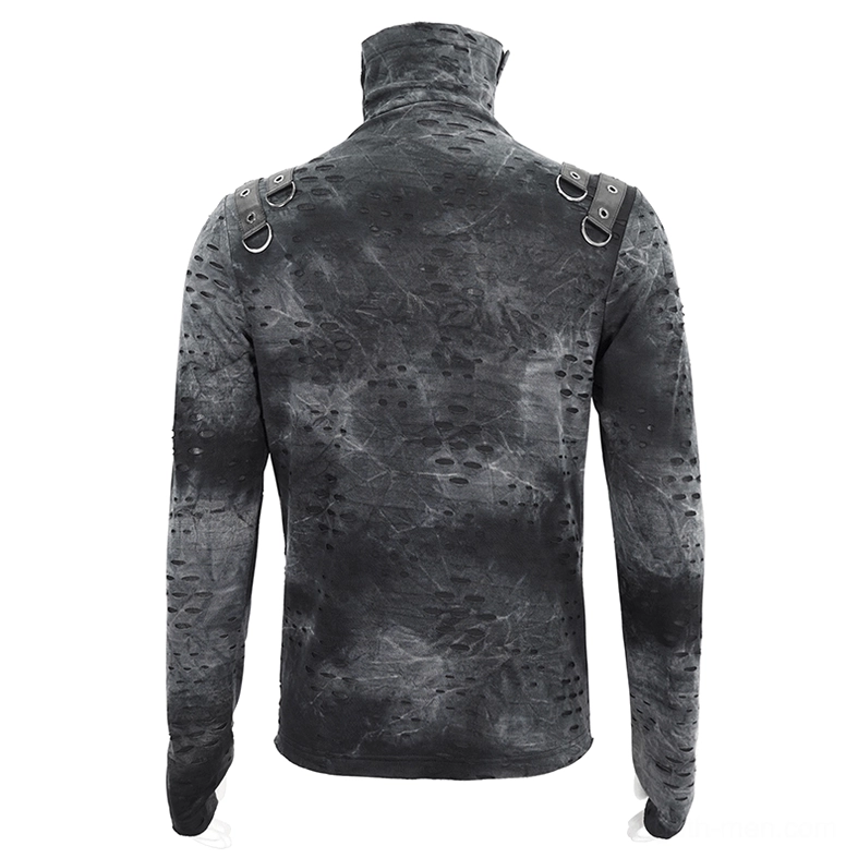Gothic distressed turtleneck back view, minimalist design, perforated tie-dye pattern, long fitted sleeves