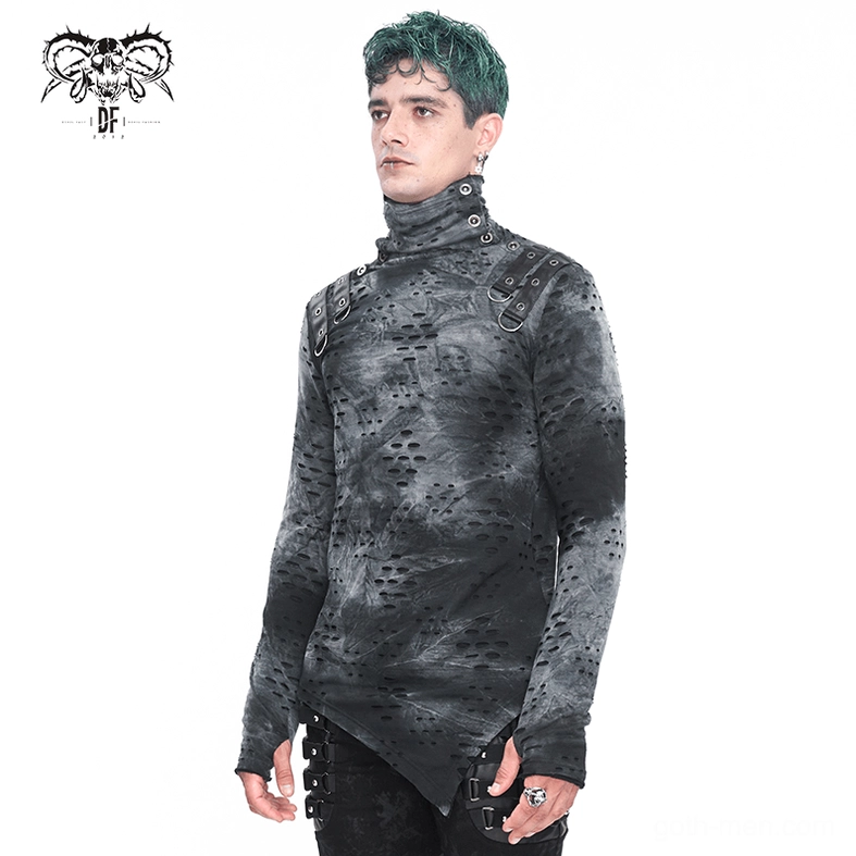 Gothic distressed turtleneck mannequin display, full-body view, asymmetric hem, perforated fabric construction