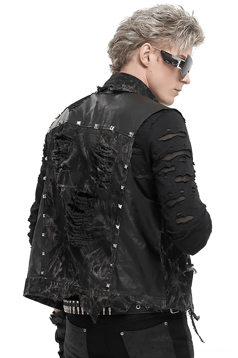 Distressed punk rock waistcoat back view showing leather panel and studded trim edges