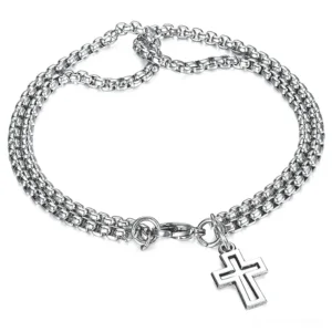 Gothic double chain cross titanium steel bracelet - silver punk rock pendant lay flat view
