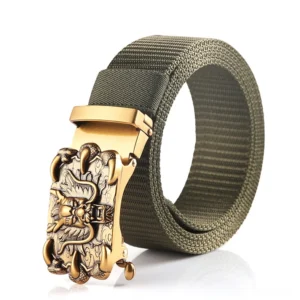 Army green gothic nylon belt with antique bronze dragon relief buckle, three-quarter view