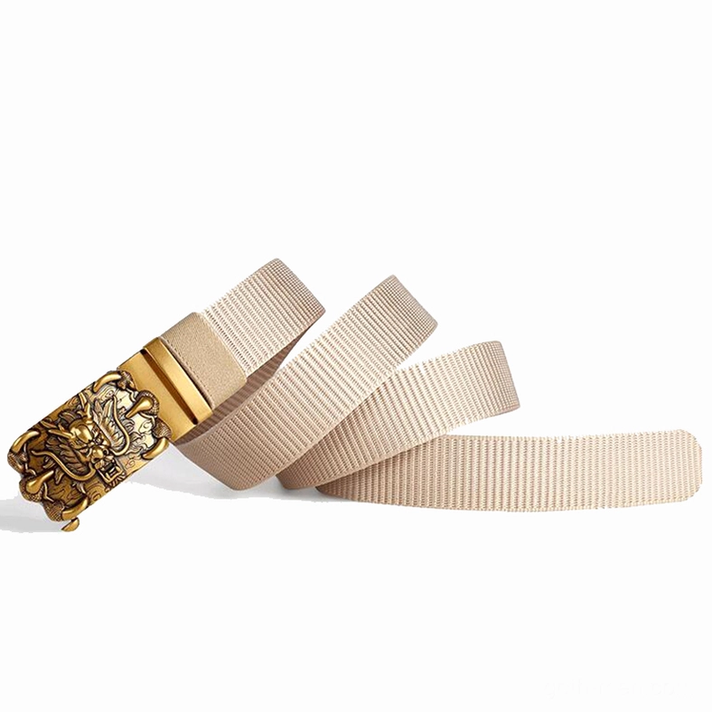 Light beige nylon gothic belt with dragon buckle, flat lay showing strap and buckle detail