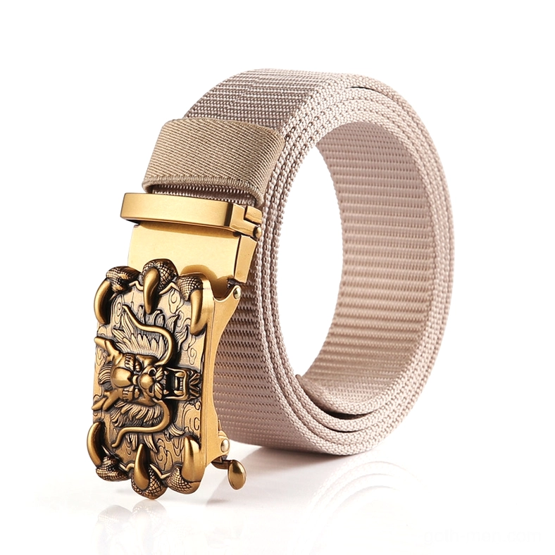Beige woven nylon gothic belt with antique bronze dragon design buckle