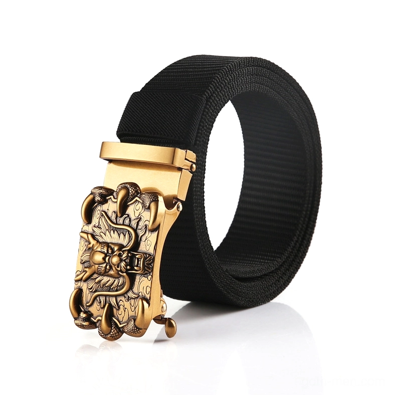 Black nylon gothic belt with vintage bronze carved dragon buckle, three-quarter view