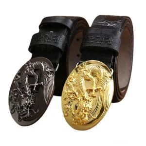 Black dragon buckle gothic leather belt studio overhead view