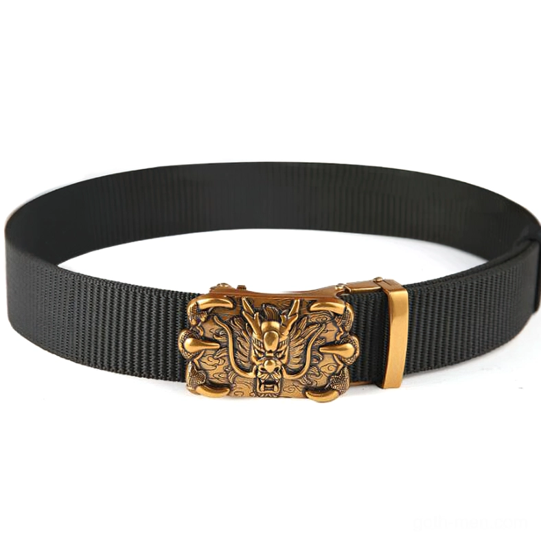 Gothic nylon belt with dragon buckle featuring intricate carved design and vintage patina