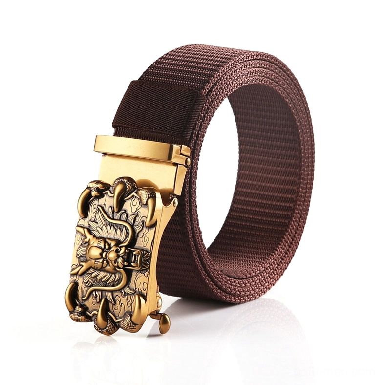 Burgundy nylon gothic belt with bronze relief dragon metal buckle, side view
