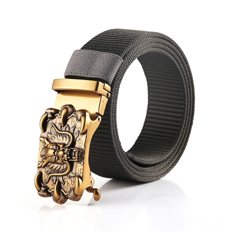Dark charcoal gray nylon gothic belt with antique bronze dragon buckle
