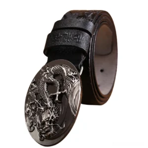 Gun metal dragon buckle leather belt side close-up detail