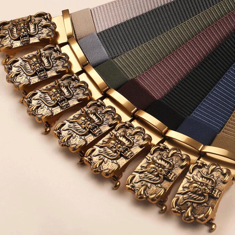 Dragon relief metal buckle on gothic nylon belt showing antique bronze finish and craftsmanship
