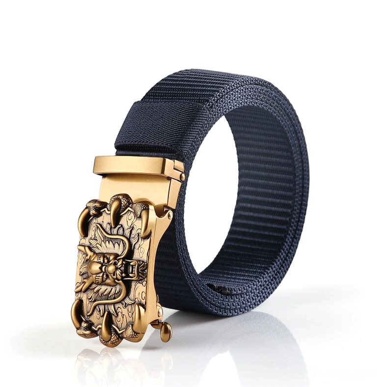Navy blue woven nylon gothic belt with vintage bronze dragon metal buckle