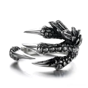 Dragon claw open finger ring in vintage silver tone zinc alloy with detailed scale texture, adjustable gothic metal band displayed in studio lighting
