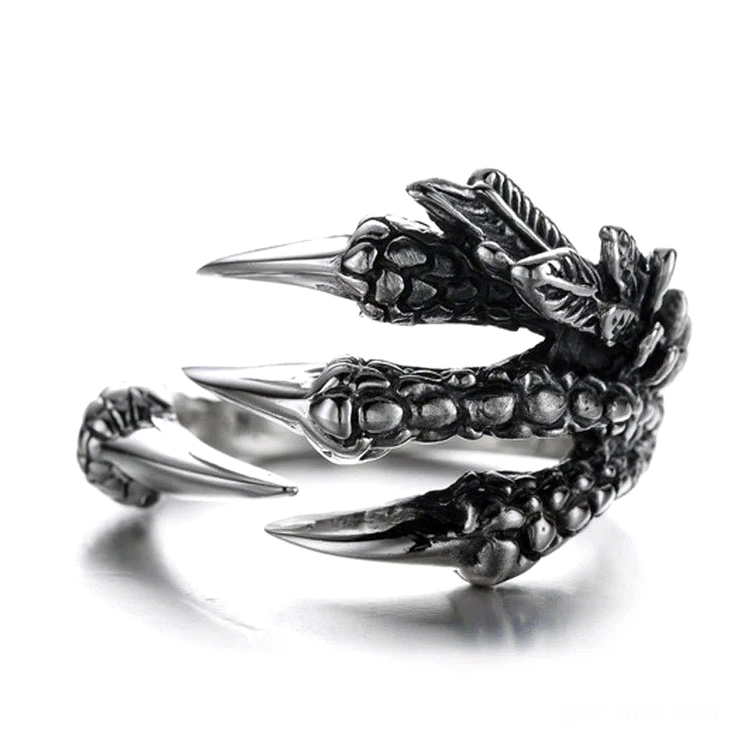 Dragon claw open finger ring in vintage silver tone zinc alloy with detailed scale texture, adjustable gothic metal band displayed in studio lighting