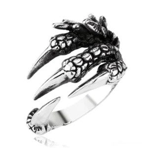 Adjustable dragon claw open finger ring showing side profile and claw detail texture, alternative gothic jewelry piece in zinc alloy material