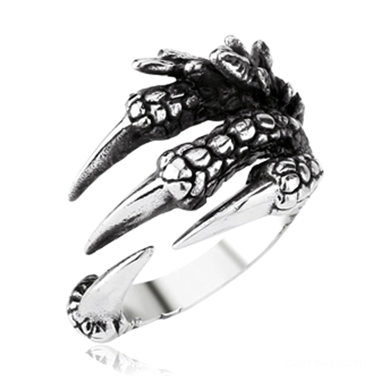 Adjustable dragon claw open finger ring showing side profile and claw detail texture, alternative gothic jewelry piece in zinc alloy material