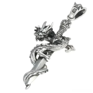 Gothic dragon sword sterling silver pendant top view showing intricate carved dragon wrapped around blade with crown crossguard