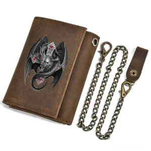 gothic dragon leather wallet with antique brass chain attachment, left side view showing embossed skull and dragon design on vintage brown leather