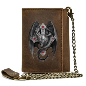 men's gothic leather wallet front flat lay featuring intricate dragon skull pattern and brass snap hasp closure on distressed brown leather