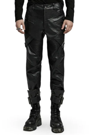 Men's gothic drawstring leather pants front view with cross-ribbed panels and metal zipper details