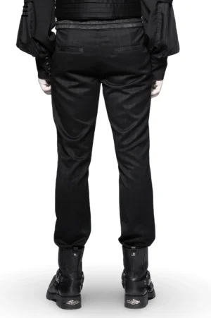 Black striped gentlemen's trousers rear view, decorative patterned waistband detail, steampunk inspired