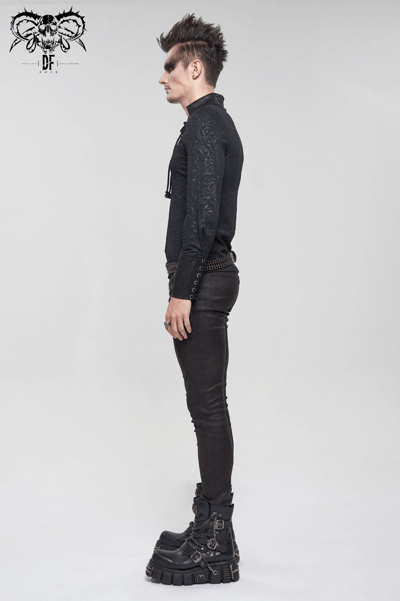 Black gothic lace-up jacquard dress shirt styled flat lay showing overall construction and design elements