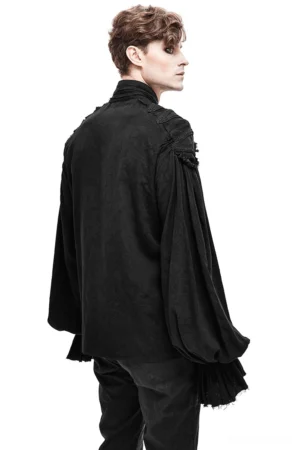 Male model wearing black gothic shirt showing back view with pleated shoulder panels and dramatic lantern sleeves
