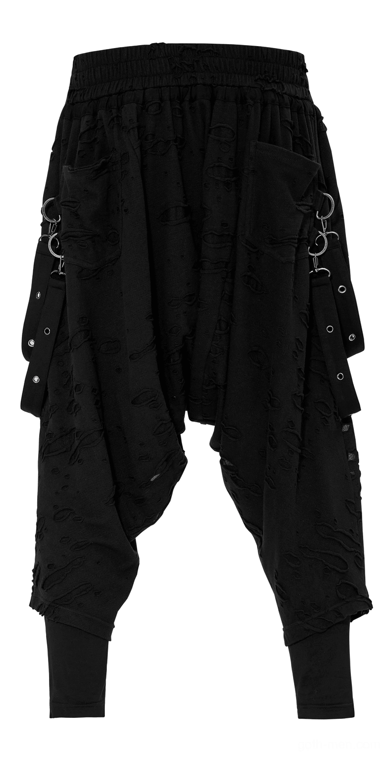 Black gothic harem pants back flat view showing rear pocket straps and metal ring attachment points