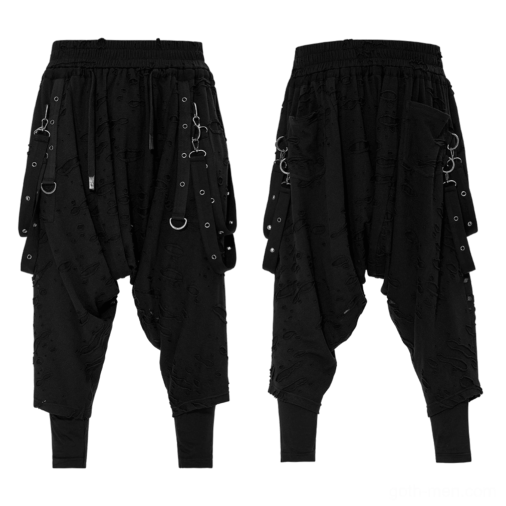Two black gothic drop-crotch pants flat lay front view with metal D-rings and cropped ankle cuffs