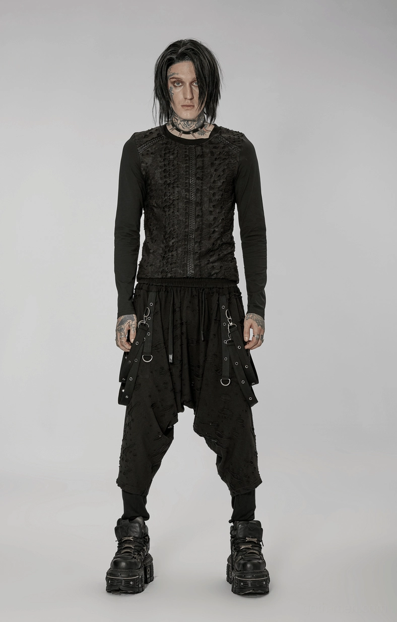Black gothic harem cargo pants full product presentation with perforated knit texture and metal D-rings