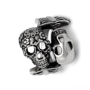 Double skull biker ring side angle ribbed band stainless steel darkened accents
