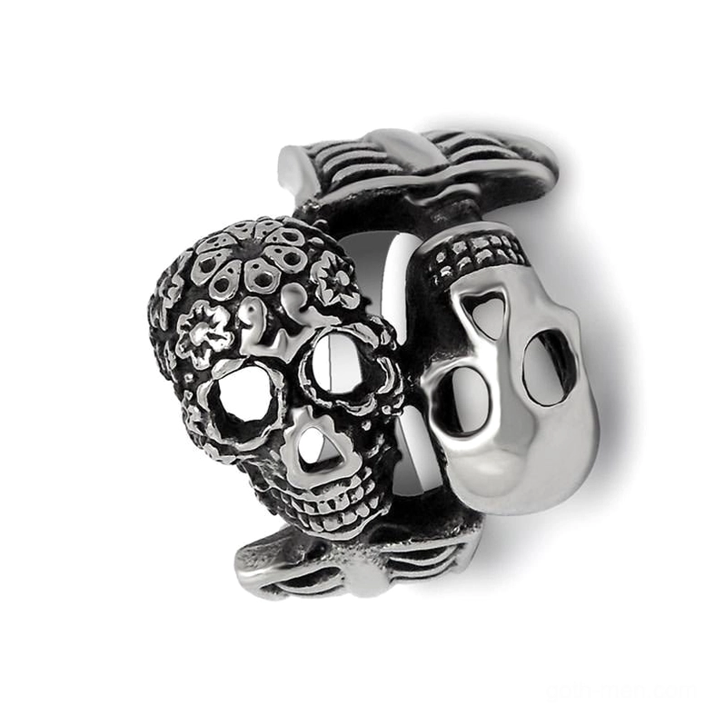 Double skull biker ring side angle ribbed band stainless steel darkened accents