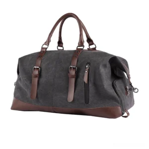 Brown leather trim gothic canvas travel bag with dual top handles, direct front view showing structured silhouette