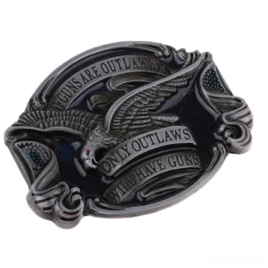 Embossed eagle gothic belt buckle dark silver finish oblique angle showcasing engraved rebellion slogan