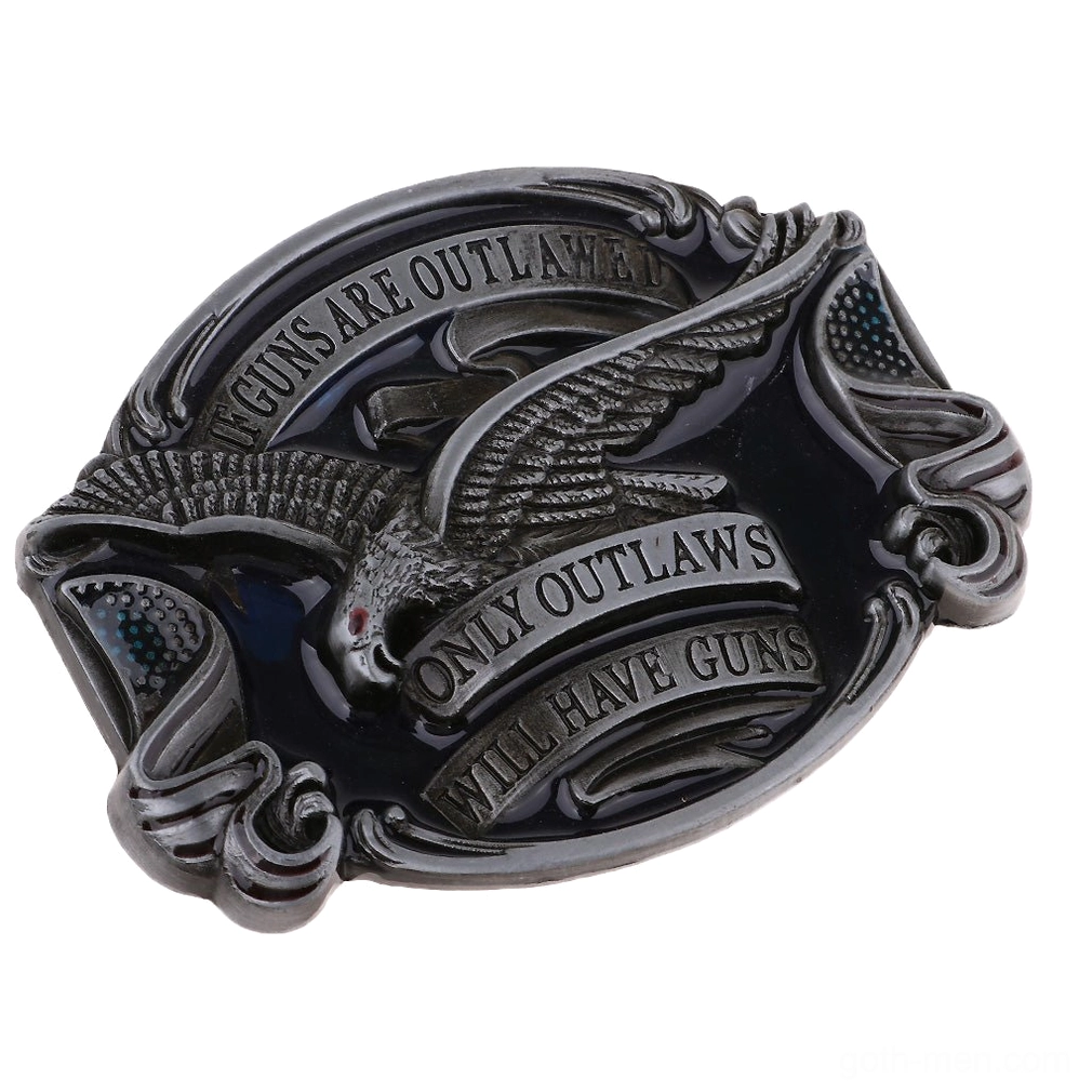 Embossed eagle gothic belt buckle dark silver finish oblique angle showcasing engraved rebellion slogan